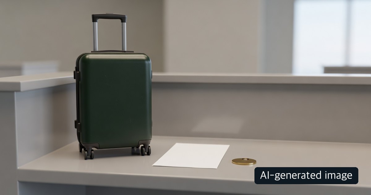 AI-generated generic bag and receipt at a counter, not a Haneda photograph; English AI image mark at lower right