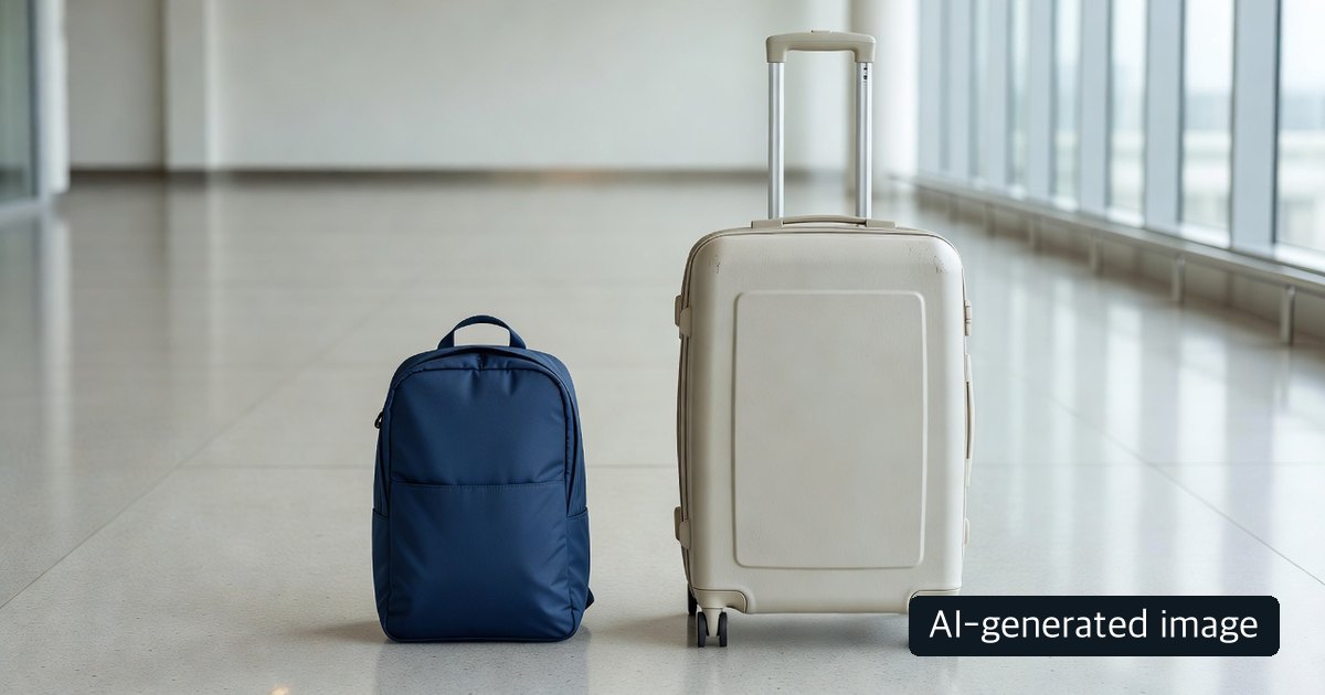 AI-generated generic backpack and suitcase comparison, not a Haneda measurement or official size chart; English AI image mark at lower right