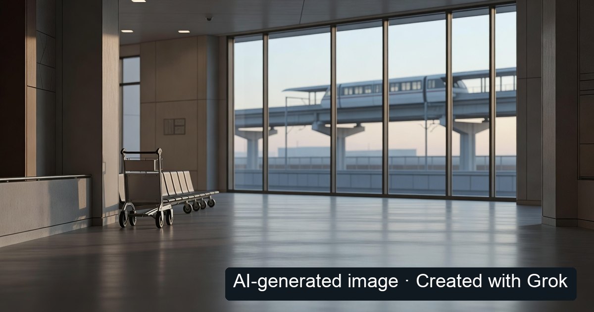 AI-generated generic airport rail concourse, not a photo of Haneda; English AI-generated image mark at lower right