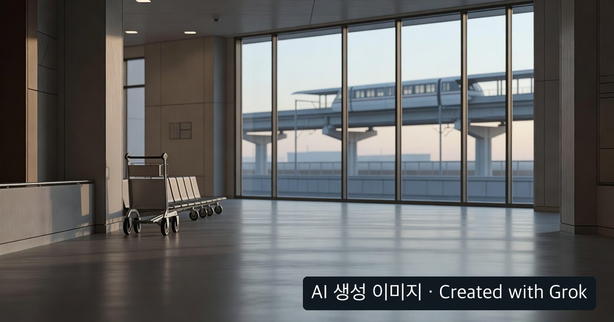 실제 하네다공항이 아닌 AI 생성 일반 공항철도 대합실 이미지, 우하단 AI 생성 이미지 표시
