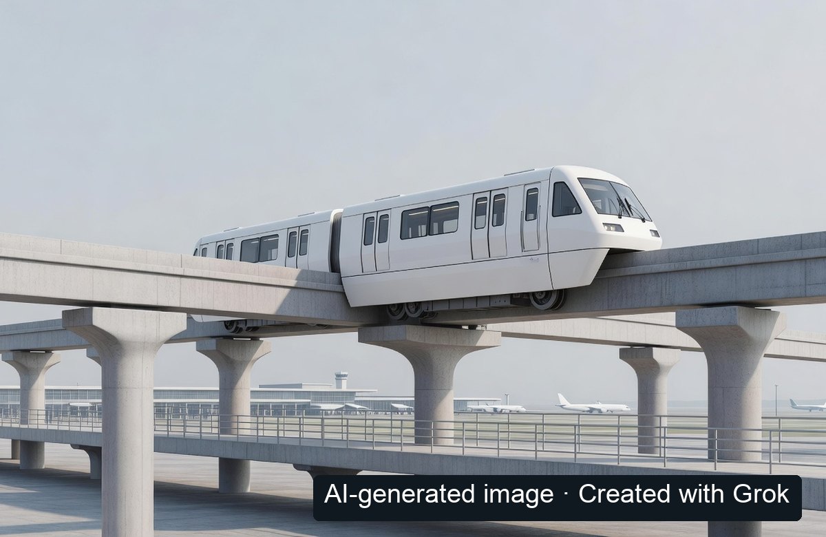AI-generated generic single-beam airport monorail, not a real Haneda train or platform; English AI-generated image mark at lower right