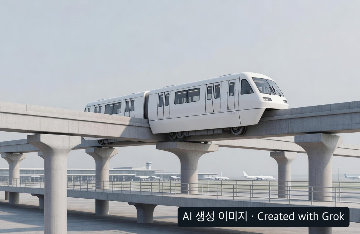 실제 하네다 열차나 승강장이 아닌 AI 생성 단일 빔 공항 모노레일 장면, 우하단 AI 생성 이미지 표시
