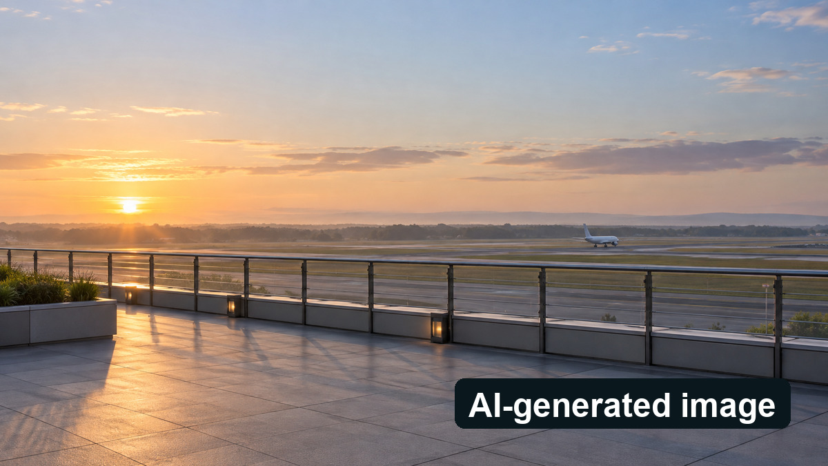 Conceptual image of a generic outdoor airport viewing terrace, not the real Haneda T3 observation deck