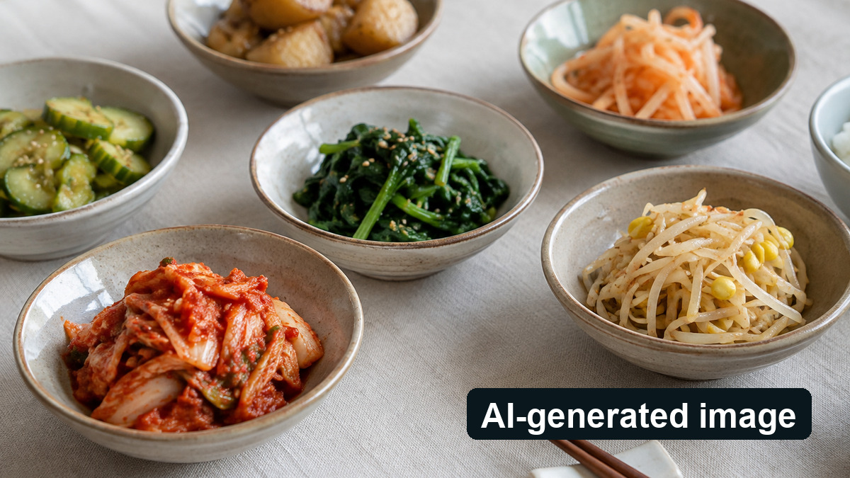 AI-generated image: Kimchi and side dishes on small plates, not an event photo
