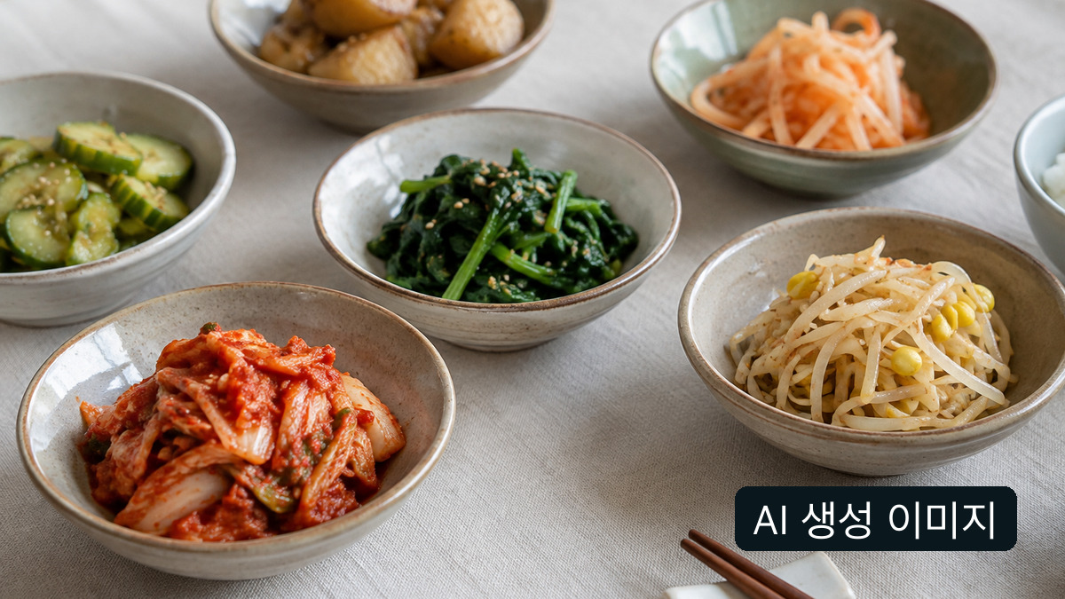 AI 생성 이미지: 김치와 반찬을 담은 작은 접시들, 실제 행사 사진 아님