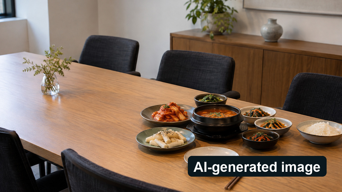 AI-generated image: Ordinary Korean meal with soup, rice and side dishes