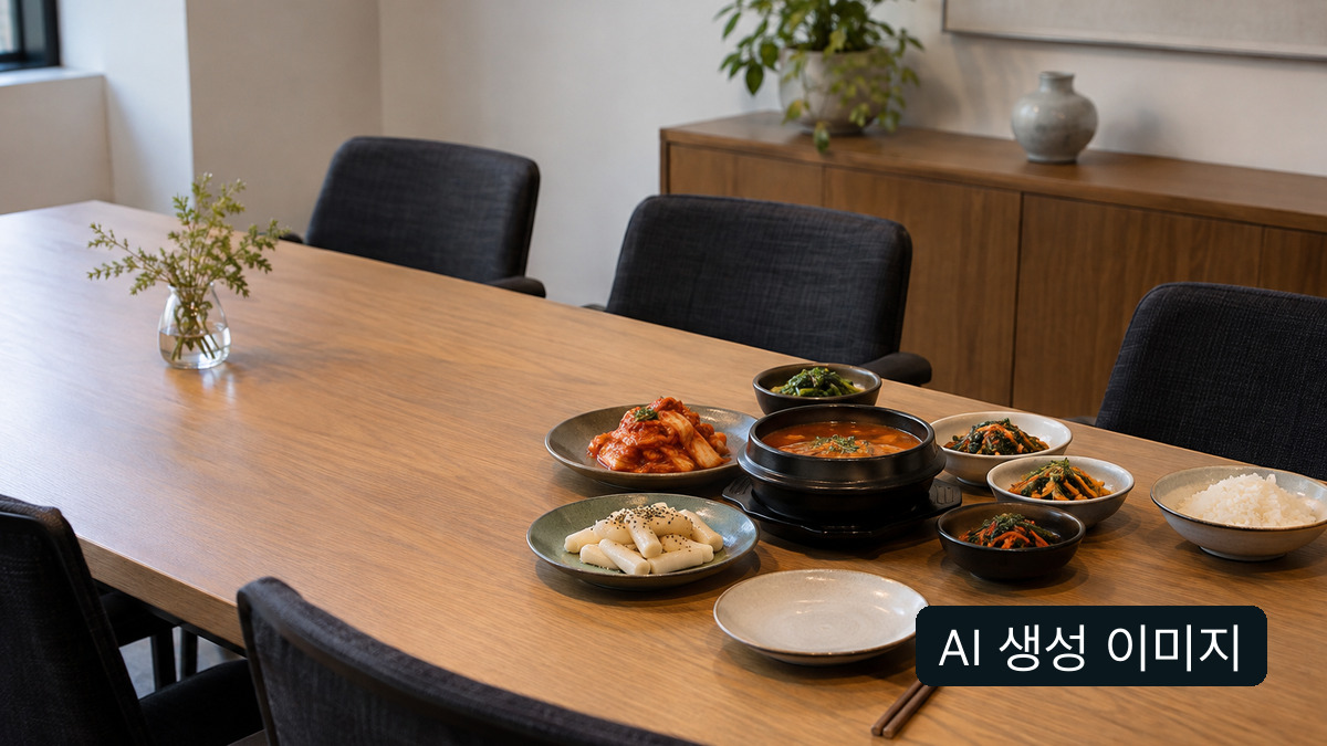 AI 생성 이미지: 국과 밥, 반찬을 차린 일반 식사 장면