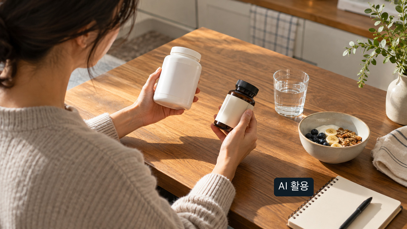 햇빛 드는 식탁에서 상표 없는 용기 두 개를 비교하는 사람의 손.