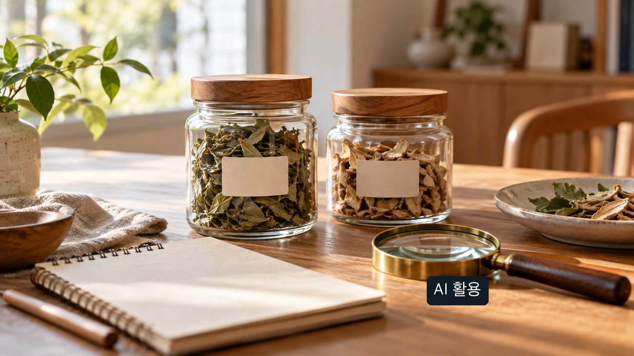 마른 식물이 담긴 무표시 유리병 둘과 돋보기, 메모장