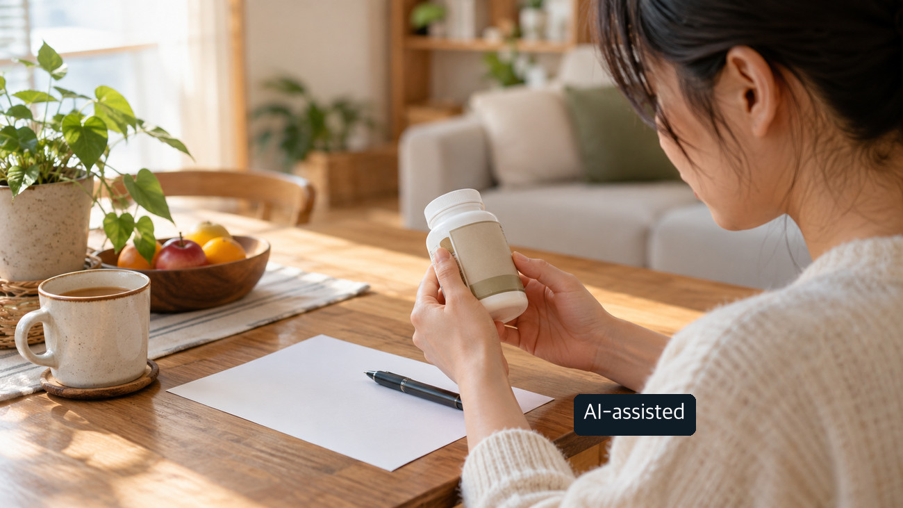 A person looking at a plain small bottle beside a blank sheet at home