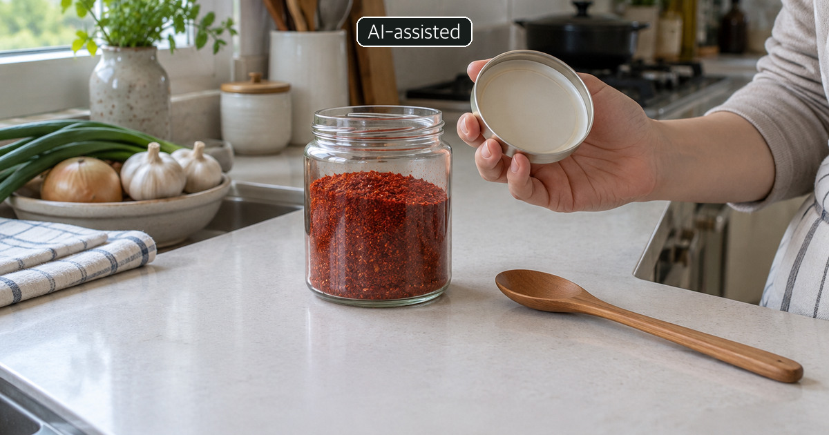 AI-generated conceptual image of an unlabelled pepper-powder jar in an ordinary kitchen; not the recalled product.