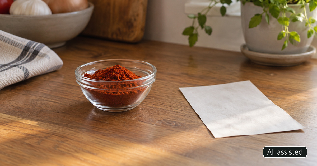 AI-generated conceptual photograph of generic unlabelled pepper powder and kitchen objects, not the recalled pack or its label.