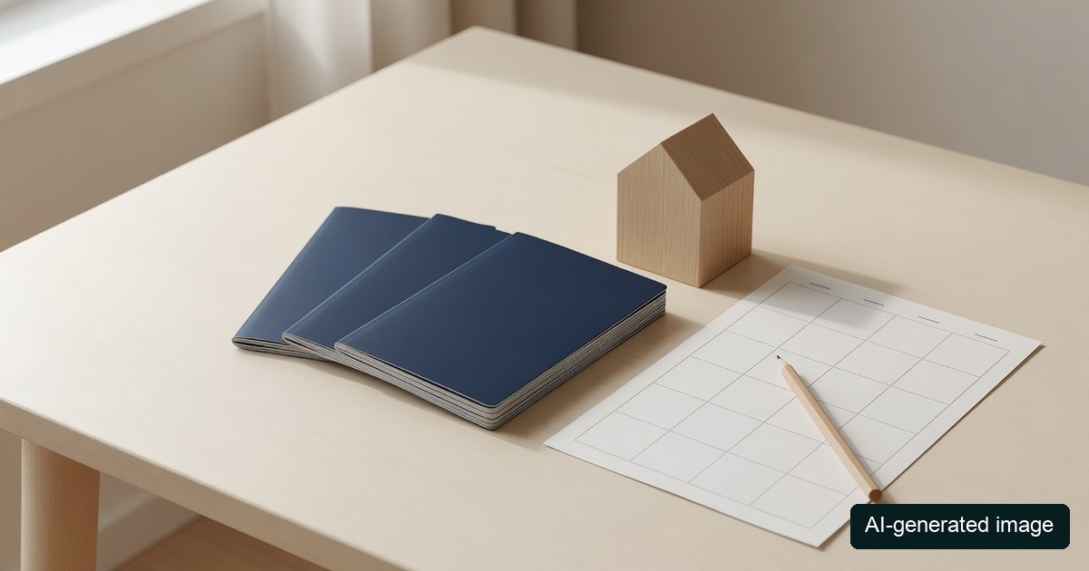 AI-generated illustration of three unbranded savings passbooks, a wooden house and a blank calendar