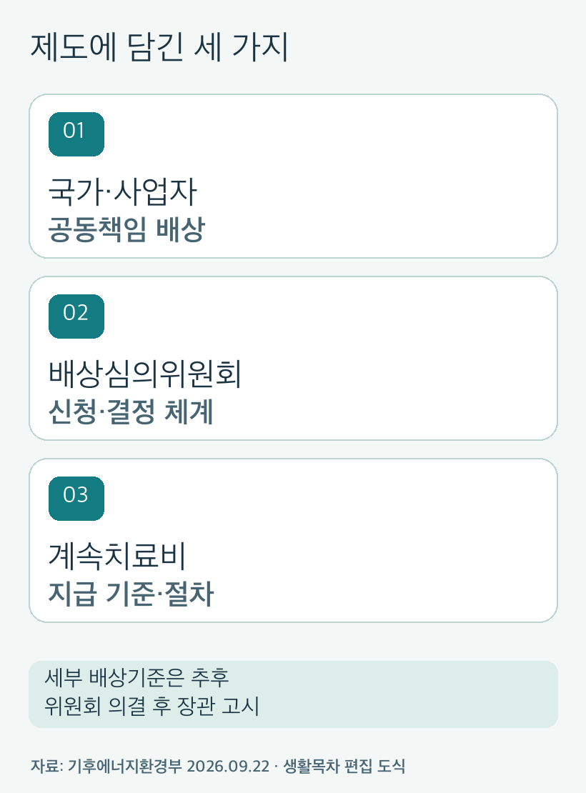국가·사업자 공동책임, 배상심의위원회, 계속치료비를 구분한 생활목차 자체 제작 도식
