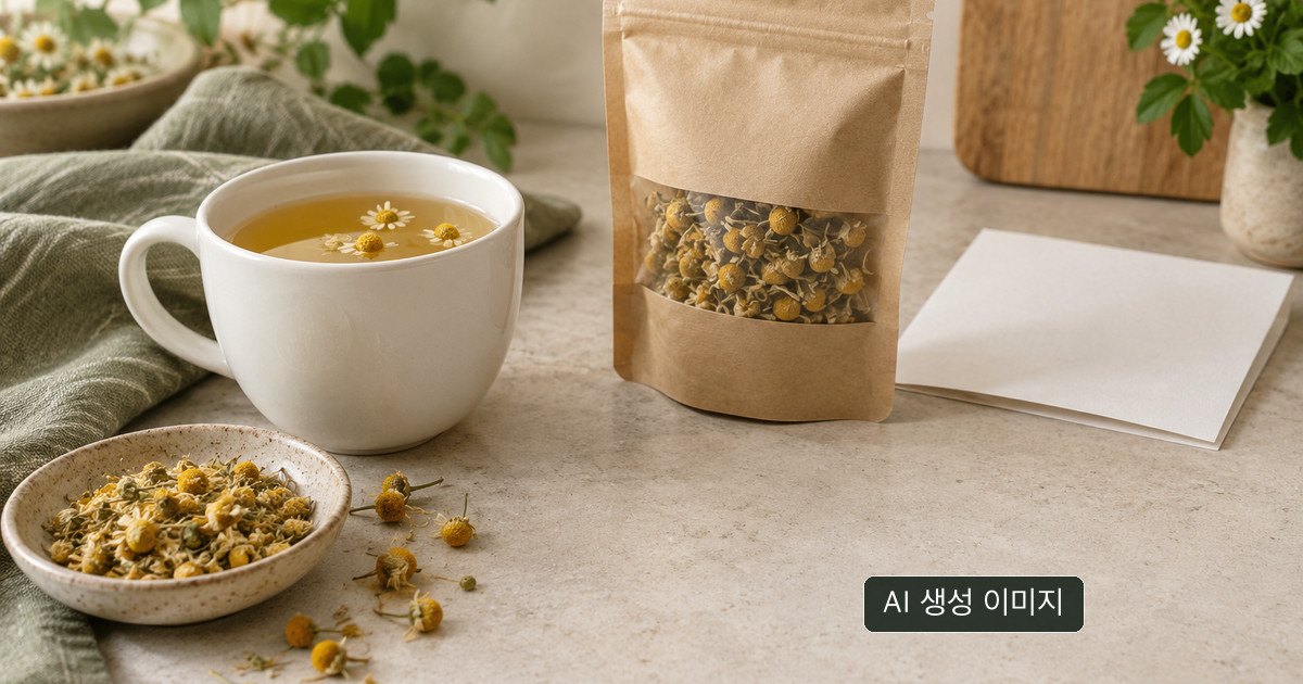 실제 회수 제품이 아닌, 무표기 허브차 봉투와 찻잔을 놓은 일반적인 장면