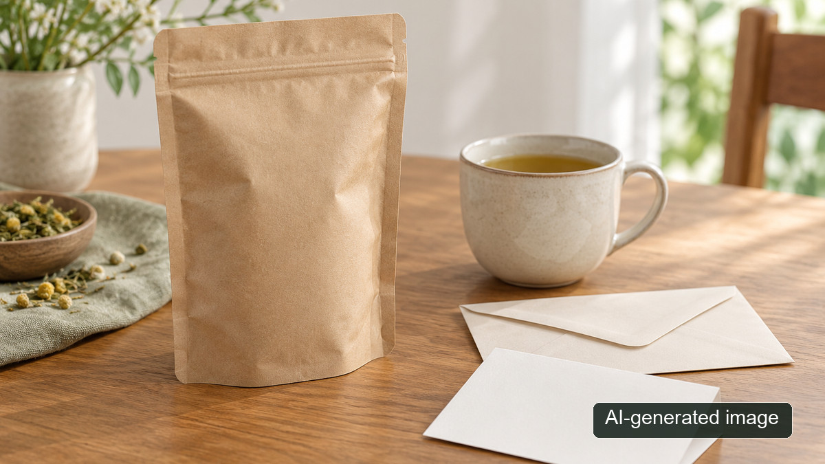 AI-generated image: unmarked pouch, cup and blank paper in a generic scene, not the recalled product