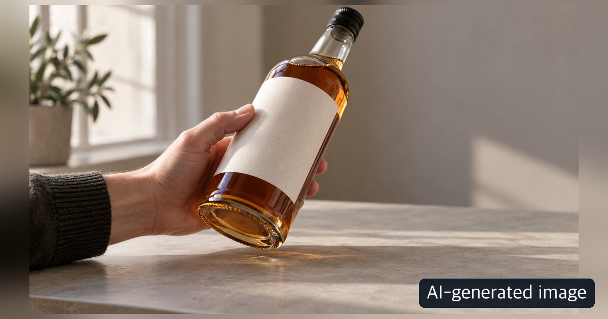 Hand holding a glass bottle with a blank white label