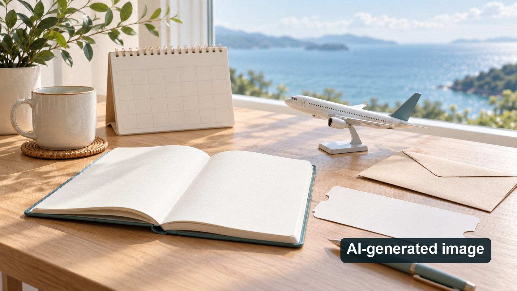 A blank calendar, notebook and model airplane on a travel-planning desk