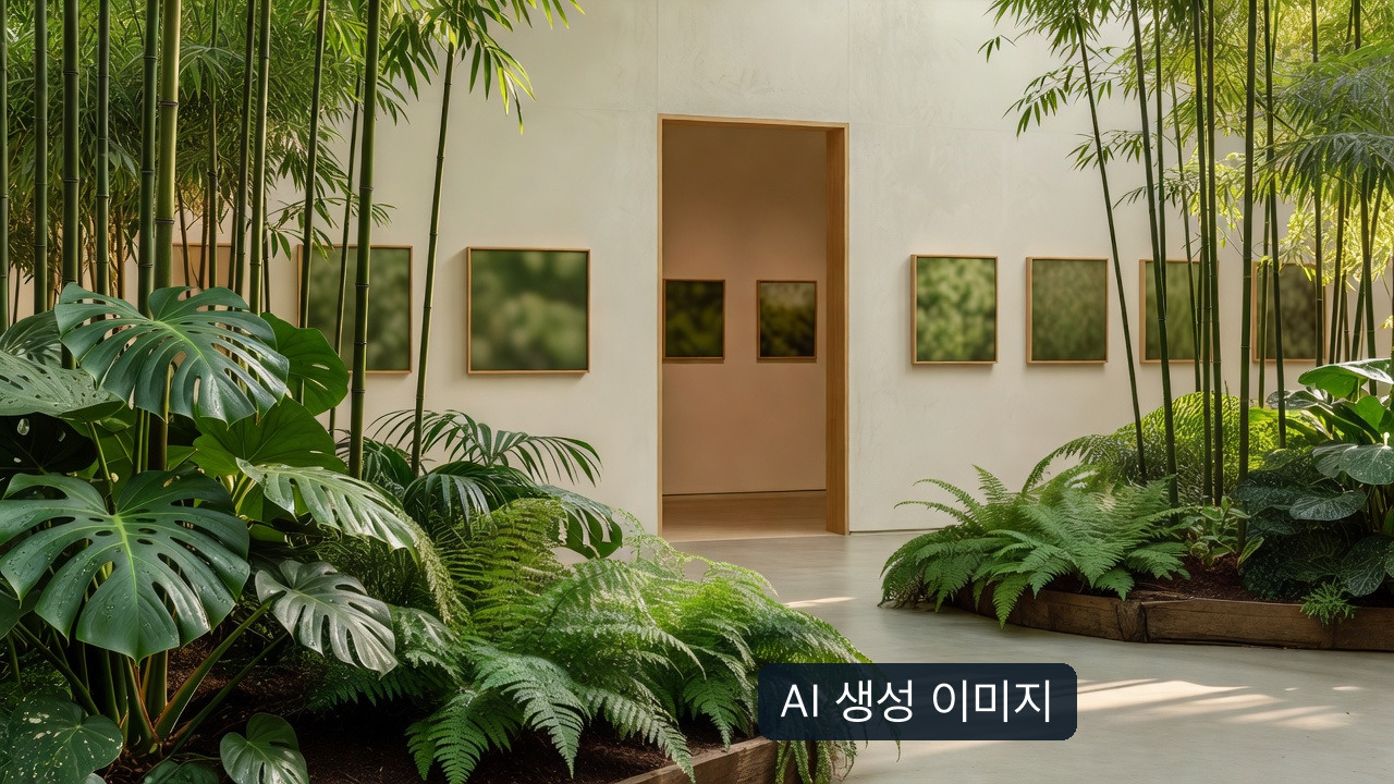 AI 생성: 실제 전주수목원 전시장이 아닌, 식물과 사진 갤러리를 연출한 개념 이미지