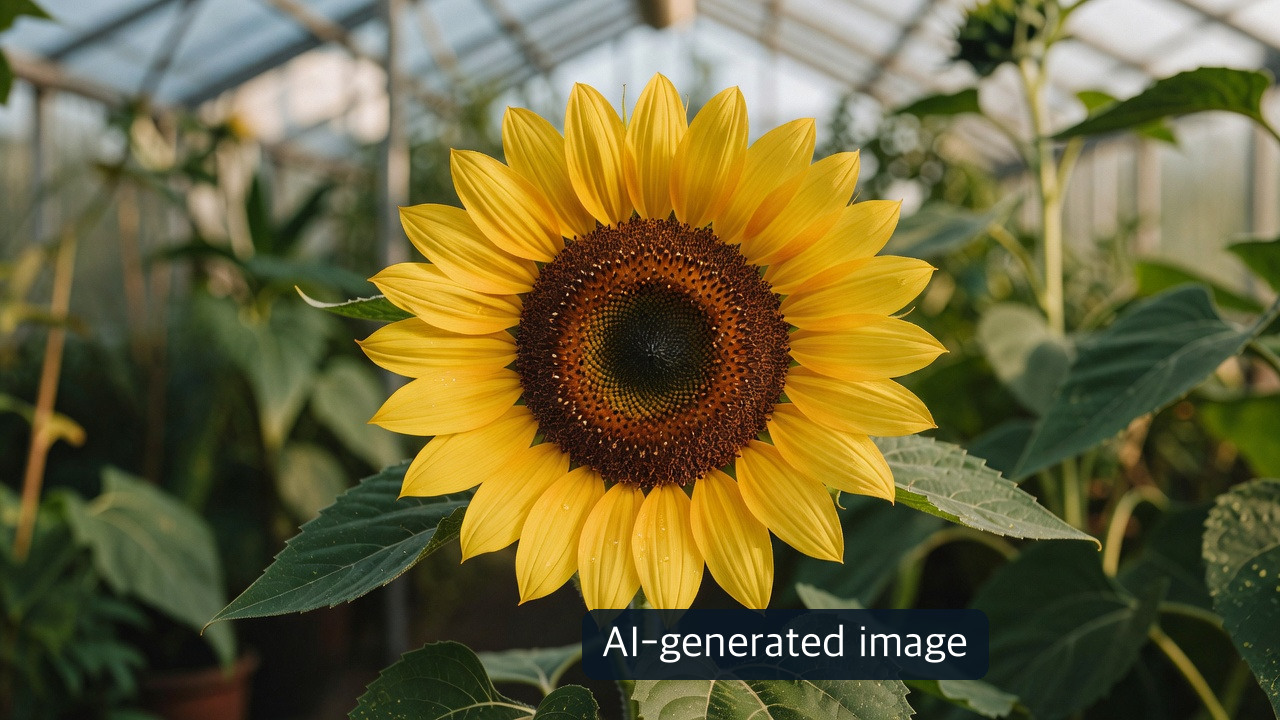 AI-generated optical-style sunflower close-up in a greenhouse, not an electron micrograph or exhibited artwork