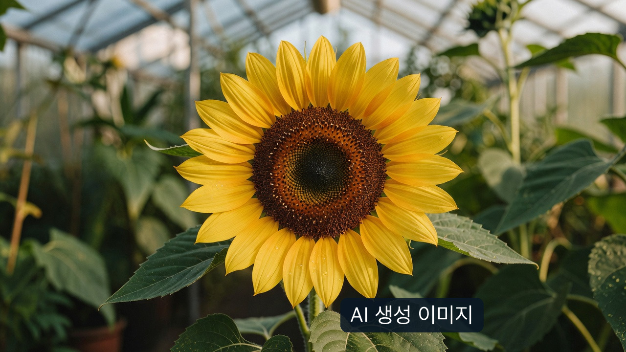 현미경 사진이 아닌 온실의 해바라기를 일반 카메라 시점으로 연출한 AI 생성 개념 이미지