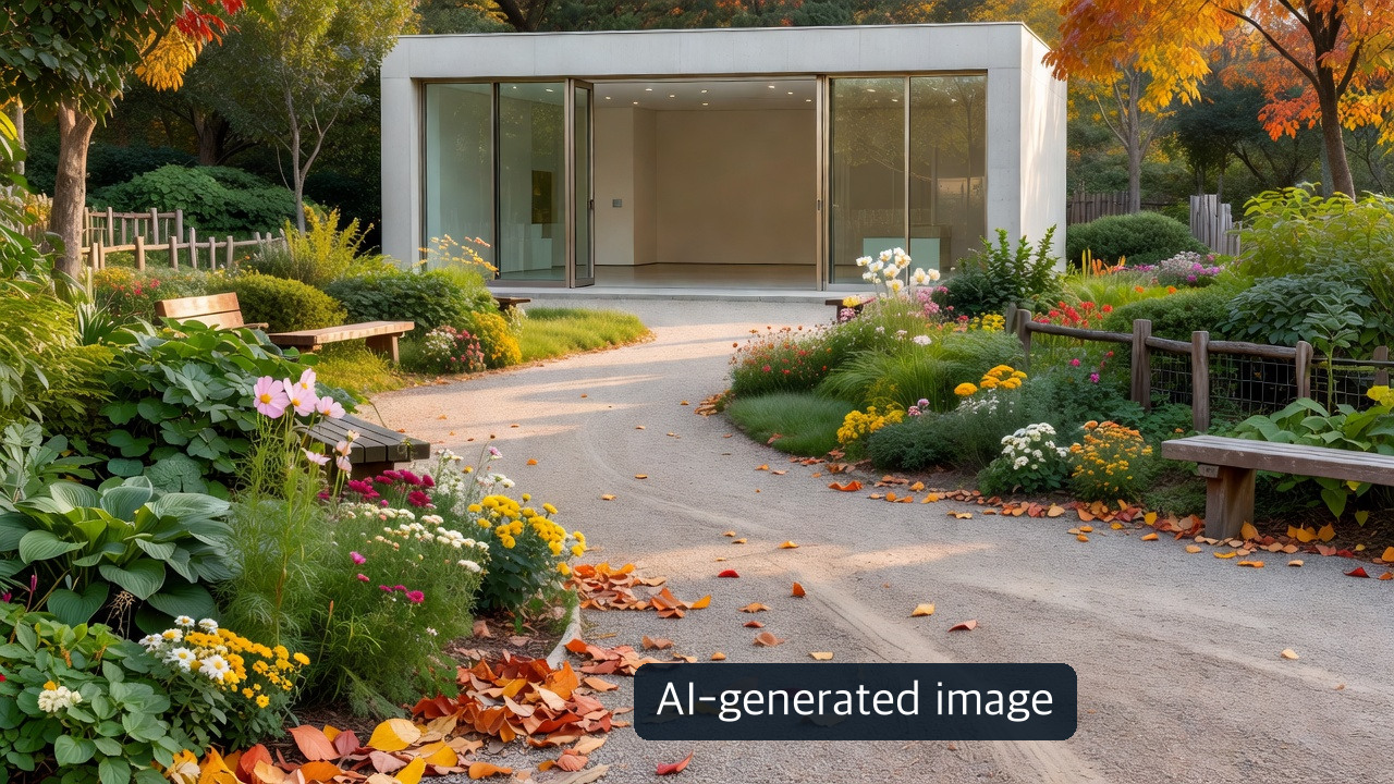 AI-generated conceptual garden path and education pavilion, not a photograph or map of the actual Jeonju Arboretum