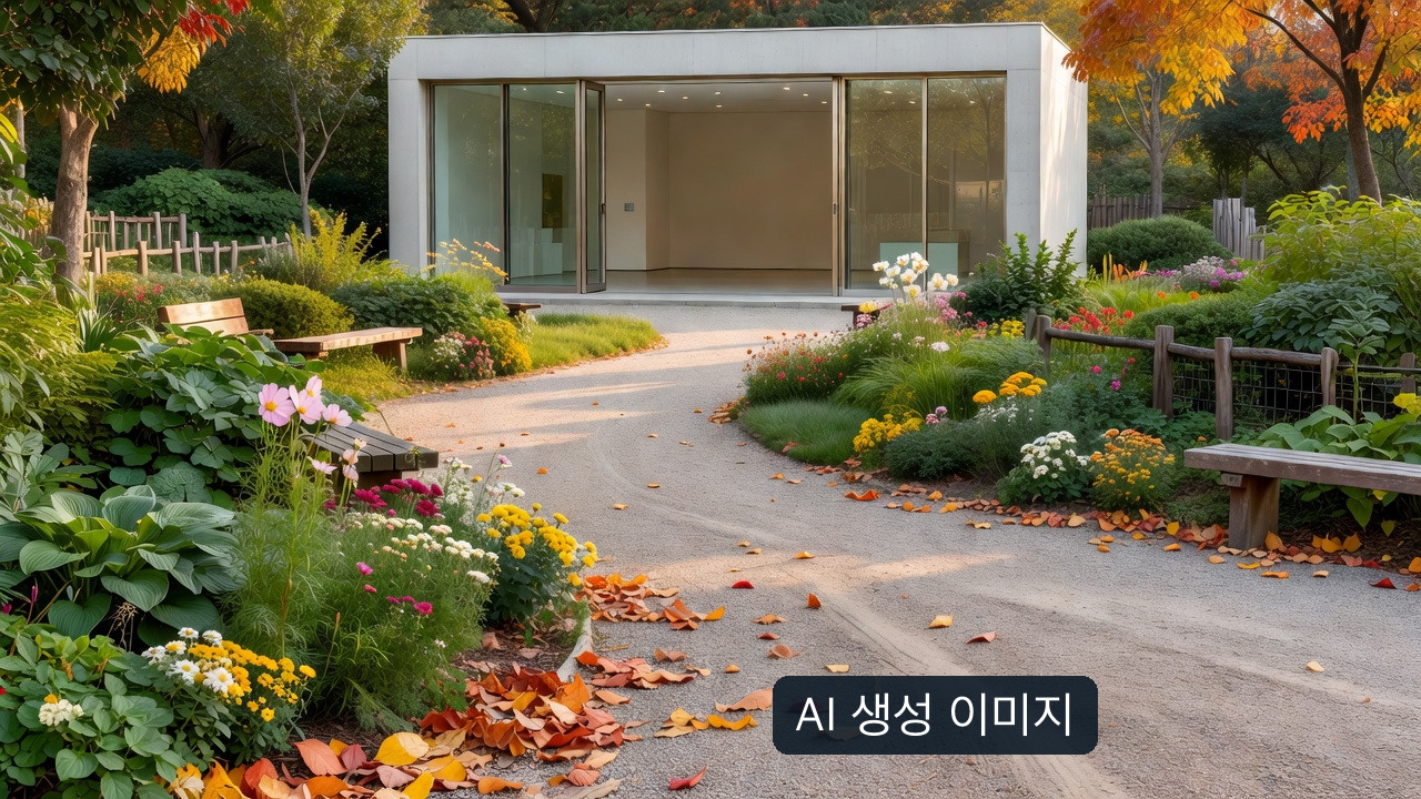 실제 전주수목원 건물이나 길이 아닌 가상의 정원길과 교육관을 묘사한 AI 생성 이미지