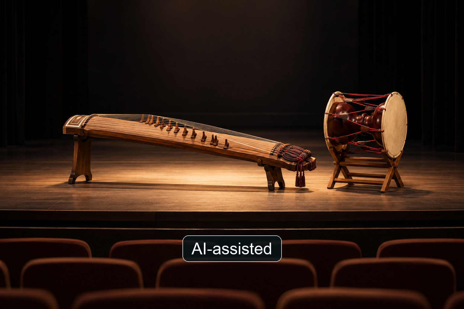 A lit stage with a stringed instrument and a drum