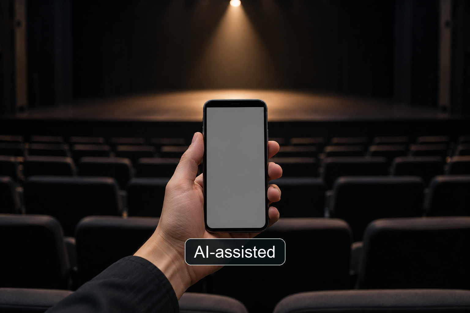 Hand holding a phone with a blank screen toward an empty auditorium stage