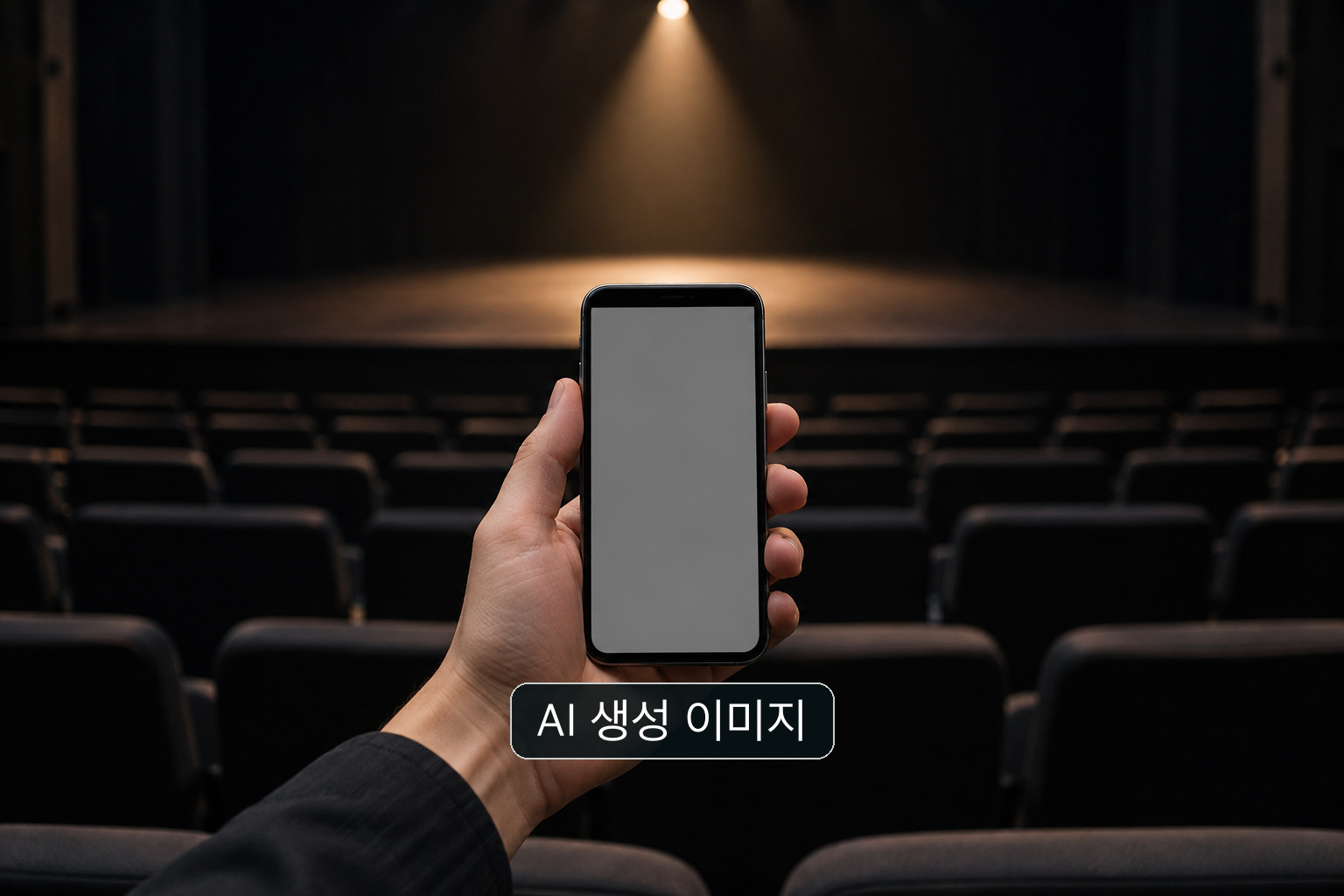 빈 공연장 앞쪽에서 무대를 향해 빈 화면의 휴대전화를 든 손