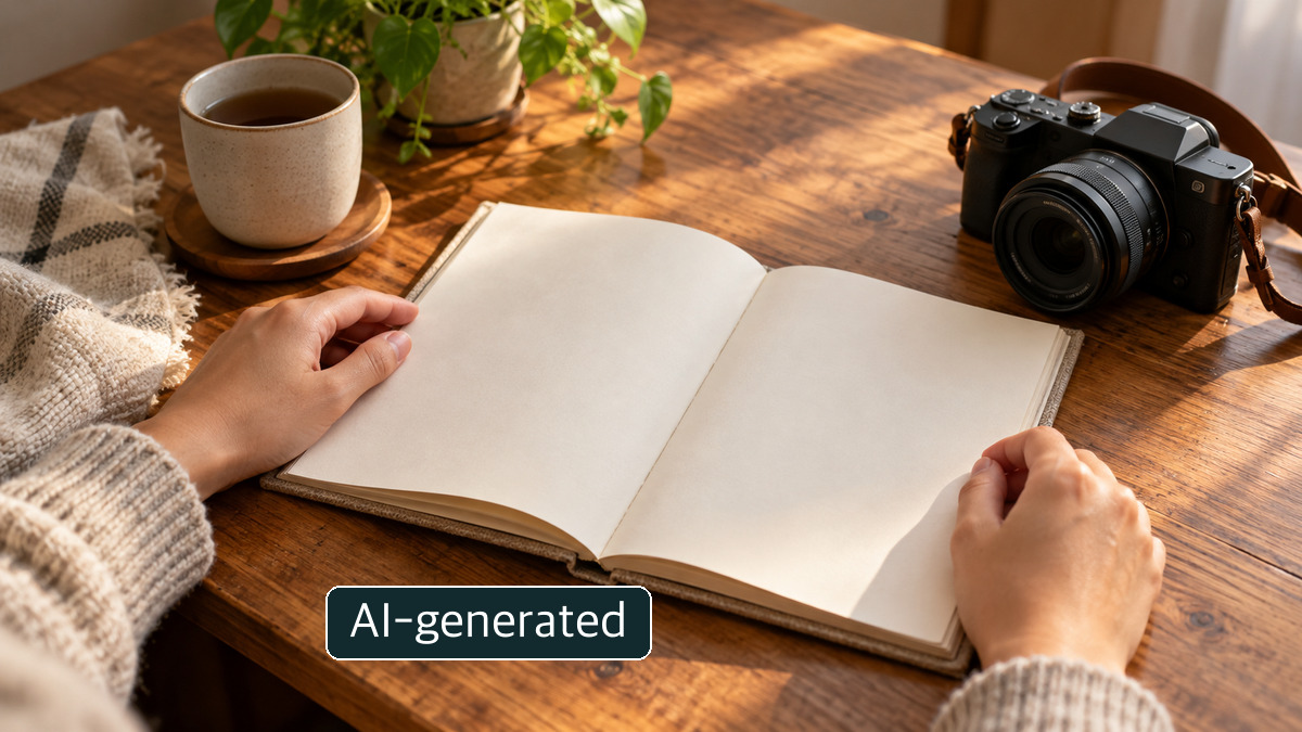 An empty notebook beside a camera
