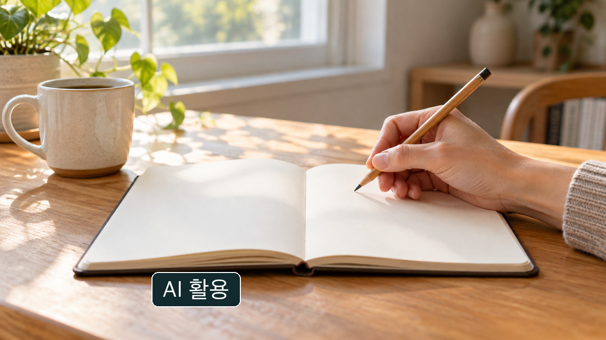 빈 종이 앞에서 글을 준비하는 장면