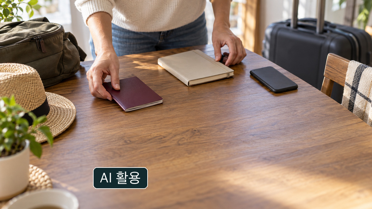 빈 여권 커버와 노트를 살펴보는 일반 여행 준비 개념 사진; 실제 신고 화면이 아님.