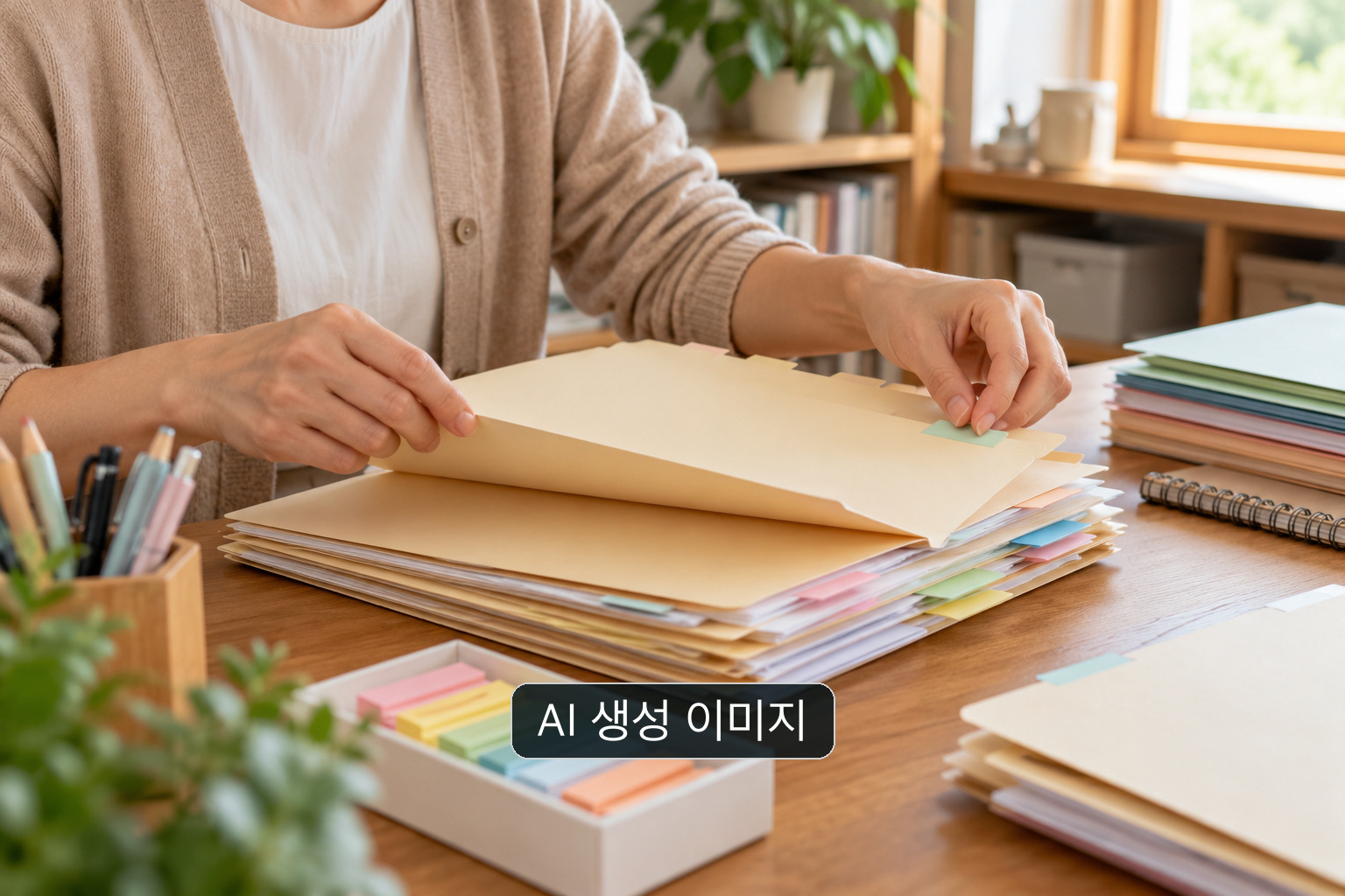 서류철과 메모가 놓인 책상에서 자료를 정리하는 손