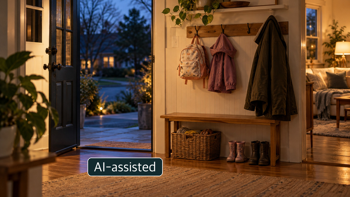 A small bag and coat by a home entrance; conceptual scene, not an actual child or childcare provider.