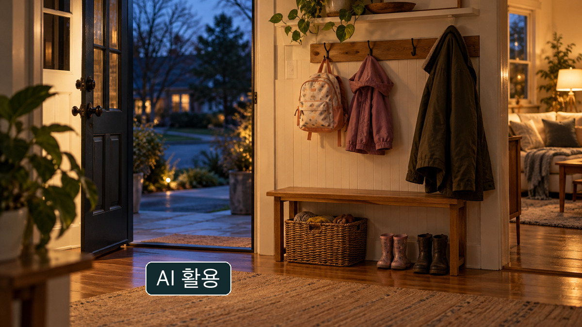 집 현관의 작은 가방과 외투를 담은 개념 이미지. 실제 어린이집이나 아이의 사진이 아닙니다.