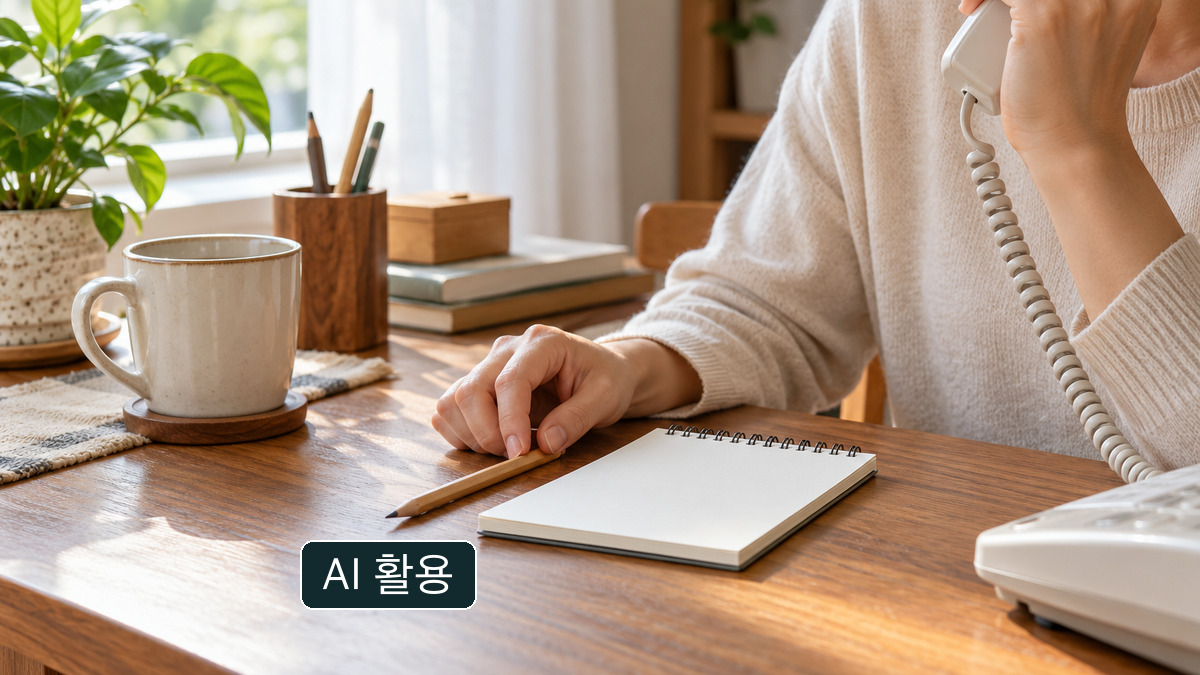 가정에서 전화로 돌봄기관을 문의하는 개념 이미지. 실제 통화나 이용 승인이 아닙니다.