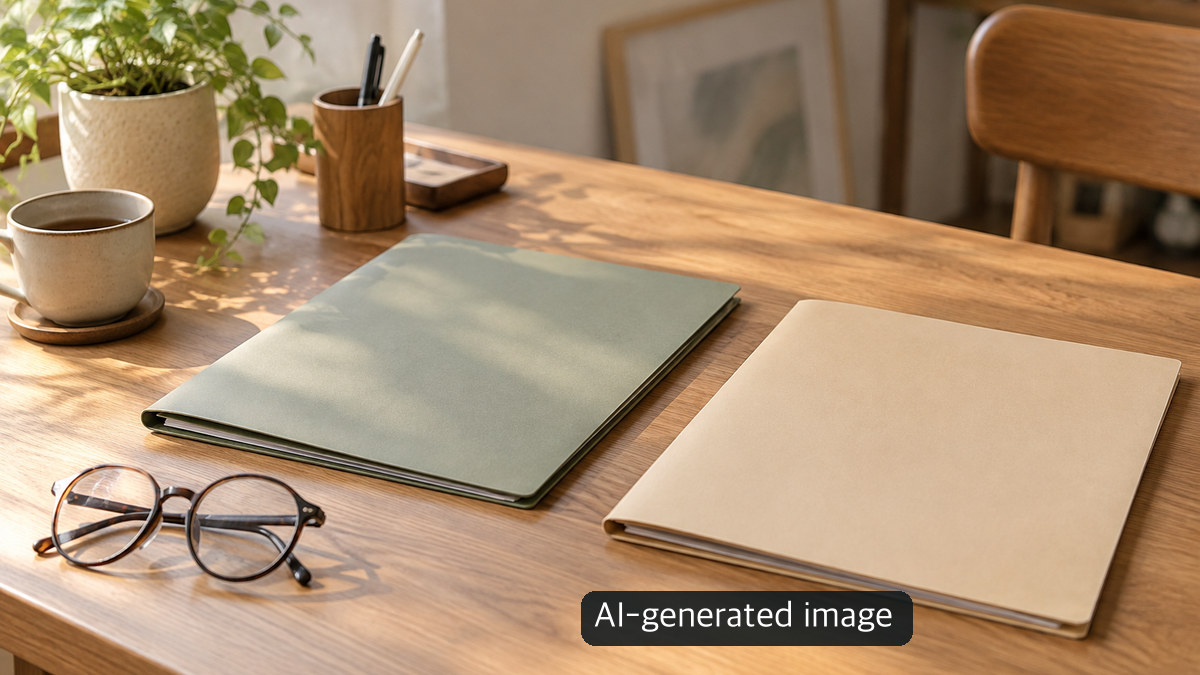 AI-generated conceptual scene of two unprinted folders and reading glasses on a desk