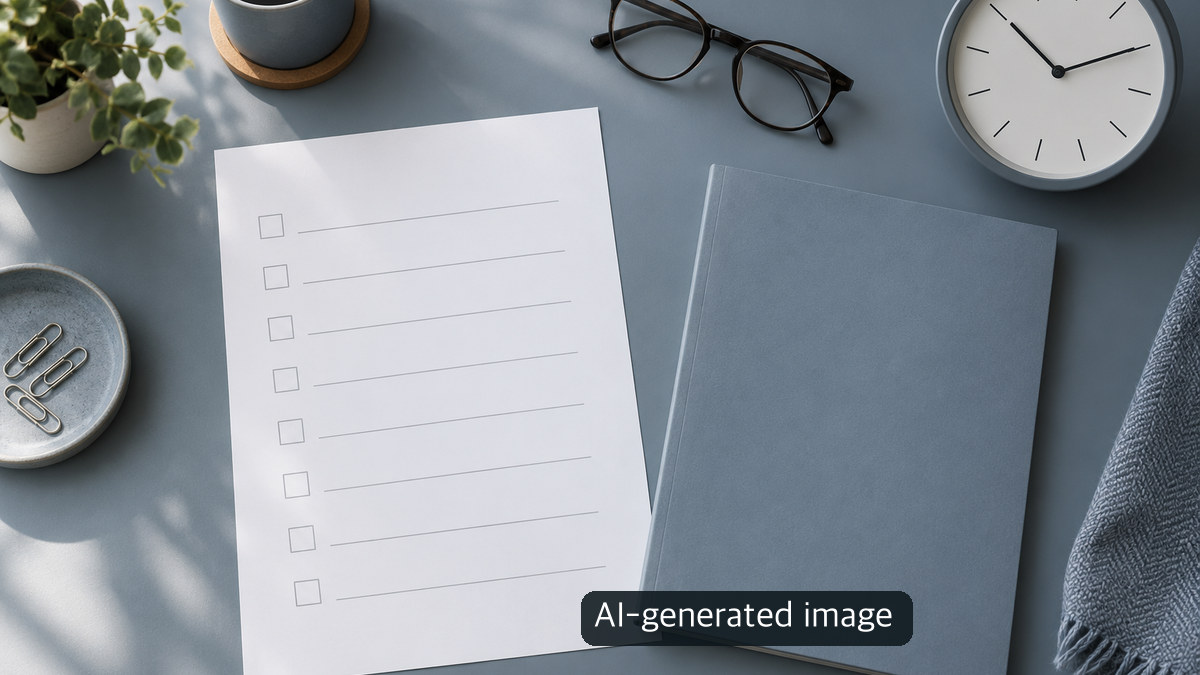 AI-generated conceptual still life of a blank checklist, unmarked booklet and clock