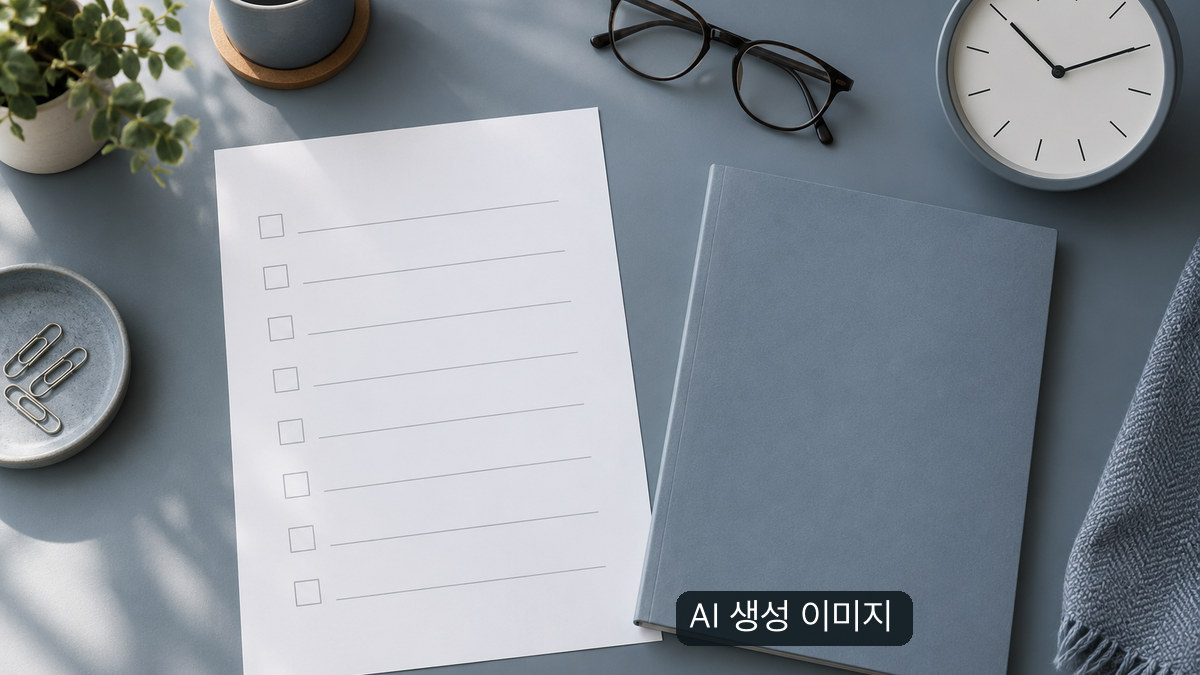 AI 생성 이미지: 빈 체크리스트와 무표기 책자, 시계를 놓은 확인용 정물 장면