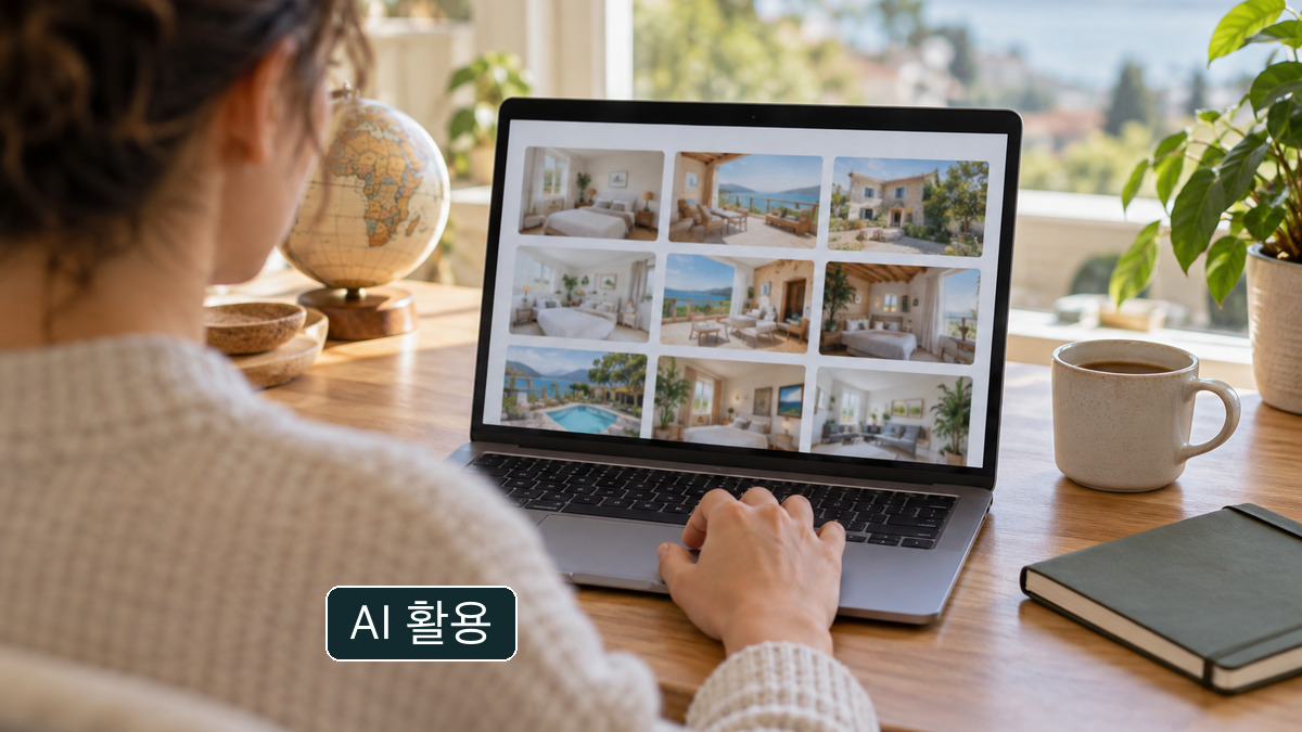 가상의 숙박상품 사진을 살펴보는 개념 이미지. 실제 플랫폼의 적법성 확인 결과가 아닙니다.