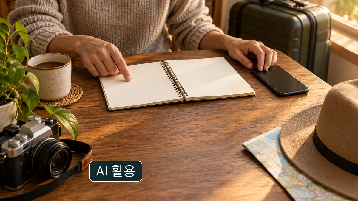 빈 수첩에 여행 계획을 적는 개념 이미지. 실제 영업신고증이나 예약 결과가 아닙니다.