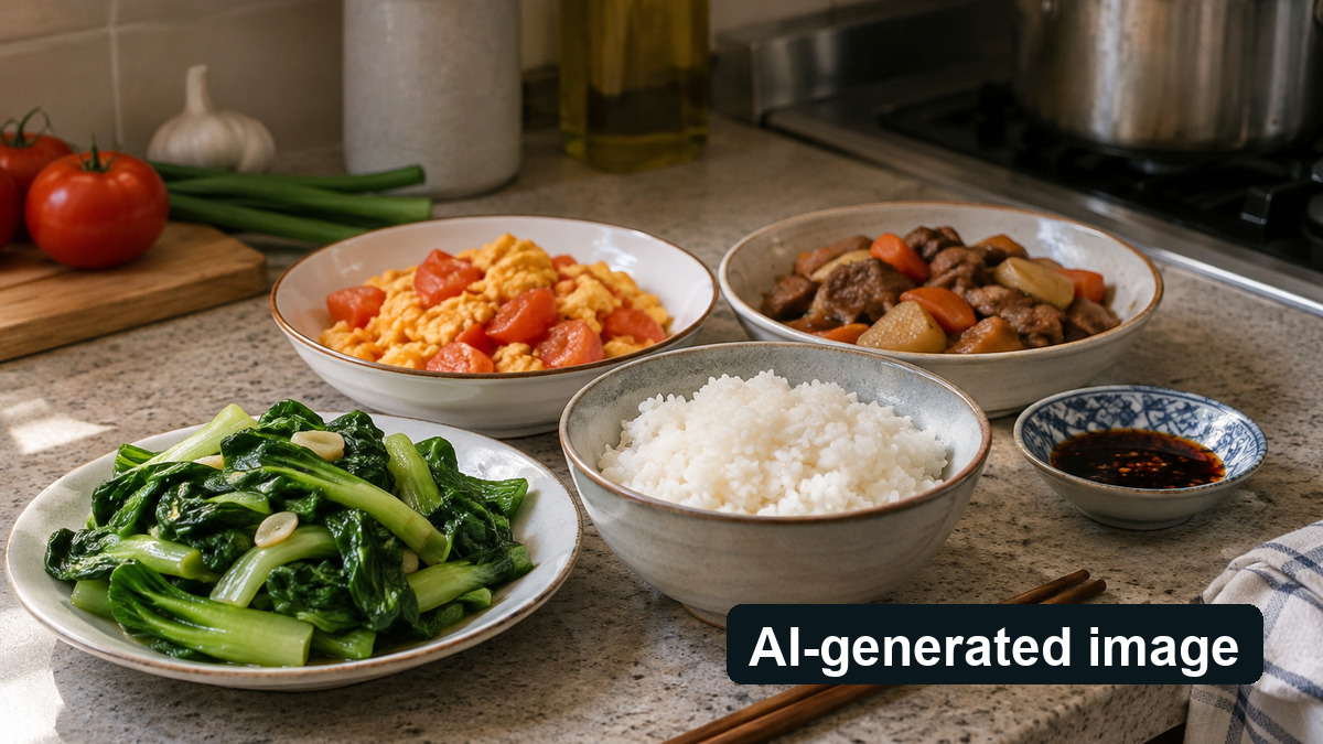 Conceptual image of ingredients and side dishes, not an expense ledger