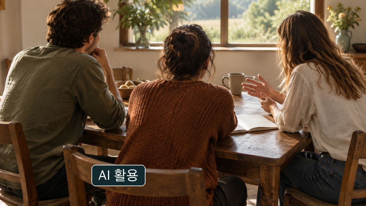 빈 종이를 놓고 의견을 나누는 성인들의 개념 사진. 실제 청년자문단 활동 사진이 아닙니다.