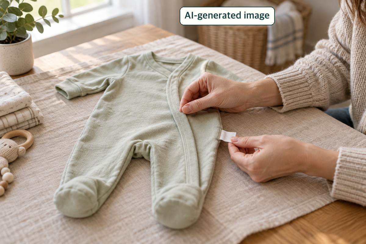 AI-generated conceptual scene of checking an infant garment's front seam and blank care tag; no KC result or retail product is depicted