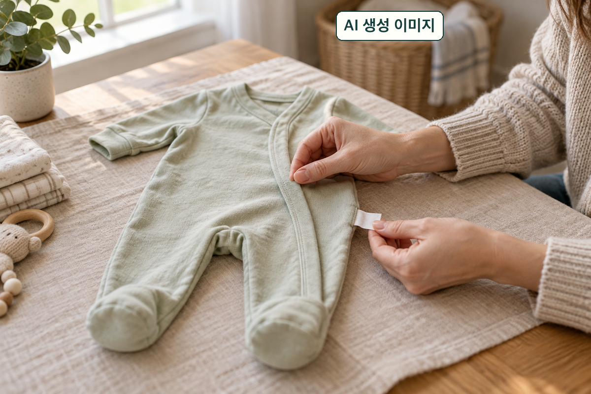 AI 생성 개념 이미지: 일반 아기옷의 앞섶과 글자 없는 택을 살피는 장면. KC 인증이나 실제 판매 제품을 보여주지 않음