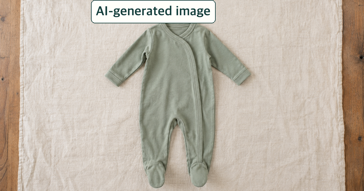 AI-generated conceptual image of an unbranded sage infant sleeper; not a photo of Magnetic Me or a KC-certified product