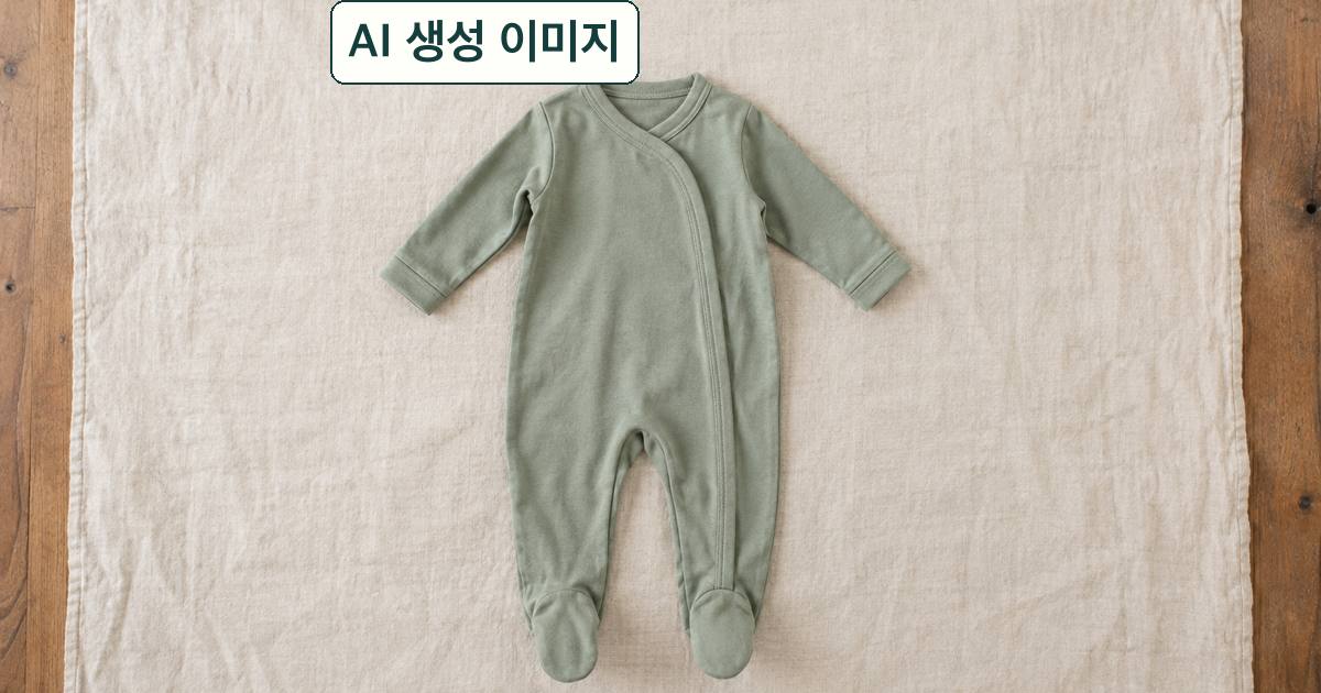 AI 생성 개념 이미지: 브랜드 표시 없는 연녹색 아기 우주복 전신. 실제 Magnetic Me 제품이나 KC 인증 제품 사진이 아님