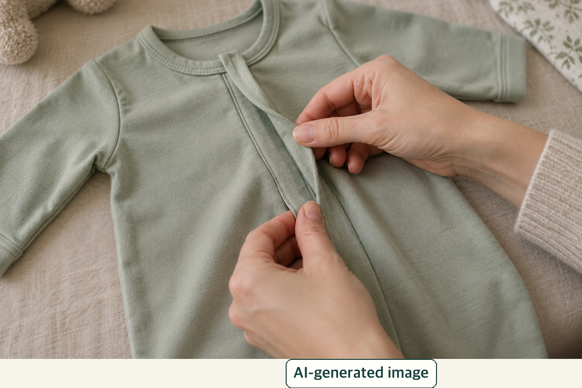 AI-generated conceptual image of inspecting a generic baby garment's overlapping front and seams; it does not show a named product's hidden magnets