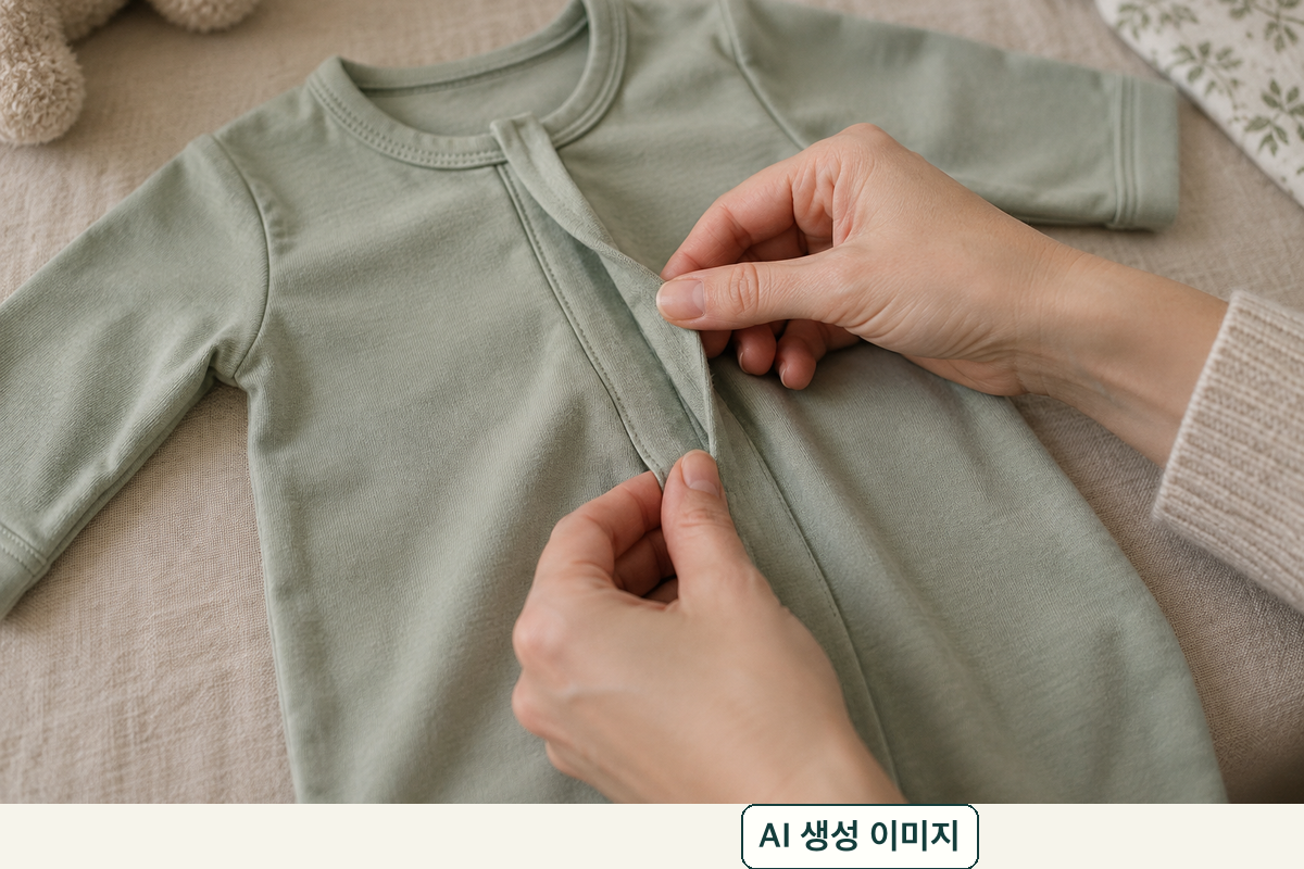 AI 생성 개념 이미지: 일반 아기옷의 앞섶과 봉제선을 손으로 살피는 장면. 특정 제품의 숨은 자석 구조를 보여주는 사진이 아님